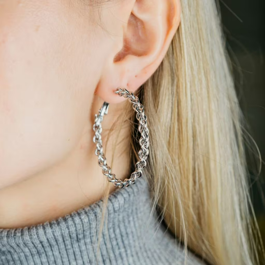 60MM Silver Spiral Round Braided Twist Geometric Dainty Statement Hoop Earrings