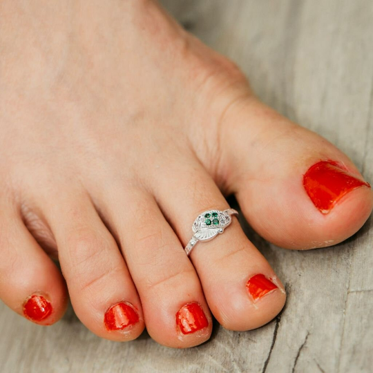 925 Silver Green Zircon Bohemian Dainty Stacking Beach Toe Ring
