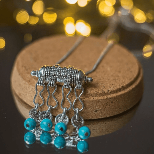 Blue Turquoise Amulet Beaded Large Temple Ethnic Large Tassel Pendant Necklace