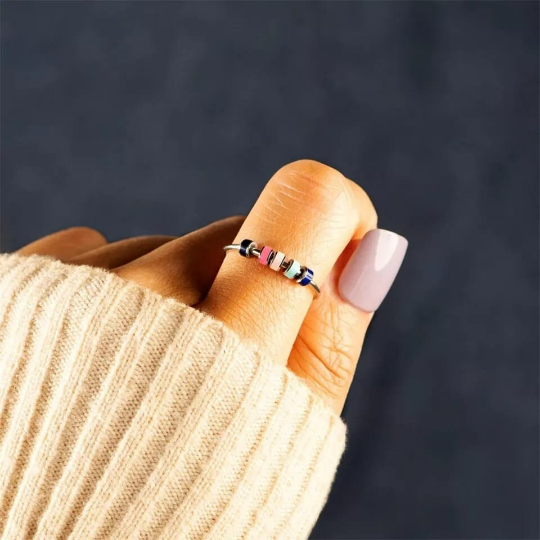 Colourful Enamel Beaded Rotatable Fidget Spinner Chain Ring The