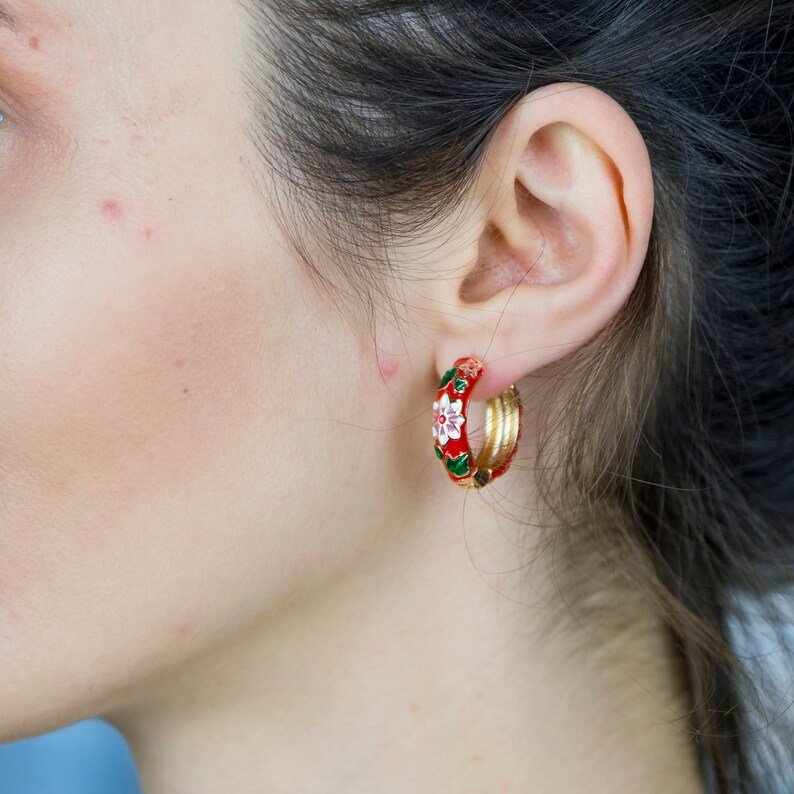 Large Enamel Huggie Multicolour Rainbow Dainty Floral Hoop Earrings (Close-up Detail) | The Colourful Aura