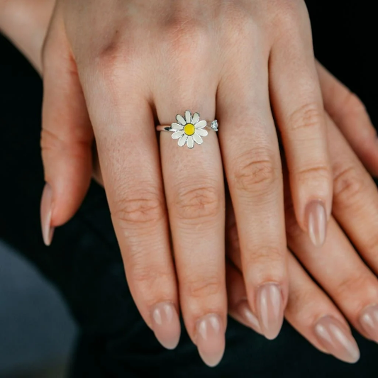 White Rotating Sunflower Meditation Fidget Daisy Dainty Floral Ring