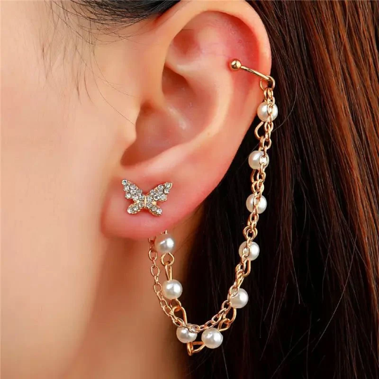 Long Butterfly Dangle Tassel Pearl Ear Climber Cuffs Clip Chain Earring and Stud