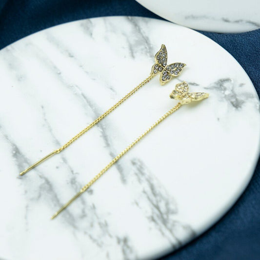 Long Gold Butterfly Ear Tassel Hanging Dangle Bone Chain Studs