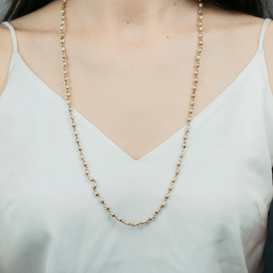 Single Strand Ethnic Pearl Beaded Brass Lightweight Unisex White Pearl Mala Necklace