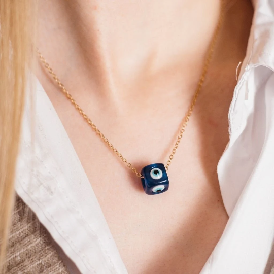 Gold Evil Eye Dice Square Bead Minimalist Adjustable Pendant Protection — Boho Jewellery UK | The Colourful Aura