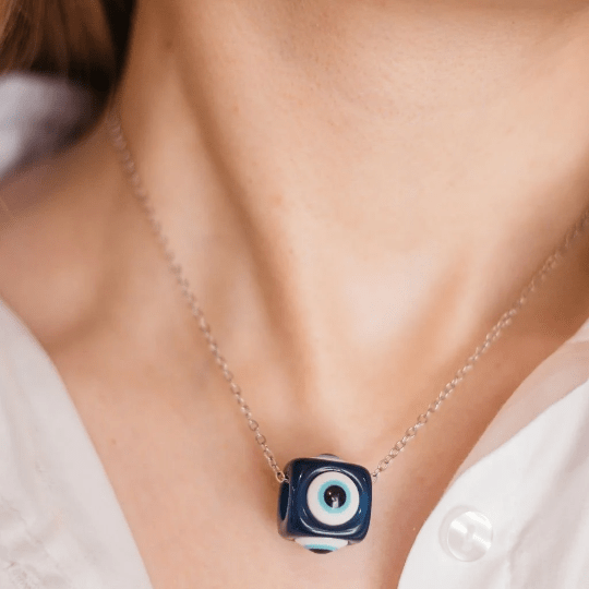 Silver Evil Eye Dice Square Bead Minimalist Adjustable Pendant Protection (Close-up Detail) | The Colourful Aura