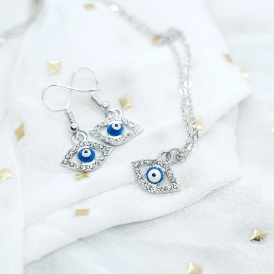 Handmade Silver Gold Protection Turkish Evil Eye Zircon Dangle Drop Earrings (Close-up Detail) | The Colourful Aura