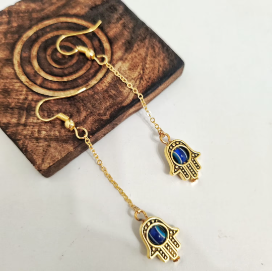 Gold Handmade Long Chain Hamsa Evil Eye Fatima Hand Tassel Chain Drop Earring (Close-up Detail) | The Colourful Aura