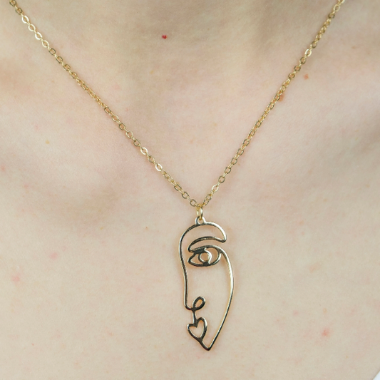 Long Abstract Hollow Profile Face Drop Statement Dangle Pendant Necklace