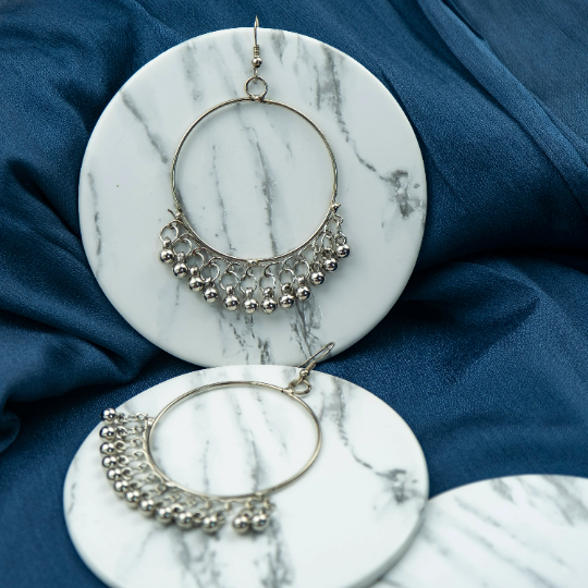 Silver Large Chand Bali Hoop Dangle Ghungroo Oxidised Ethnic