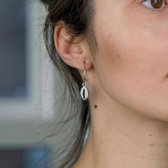 Gold Silver Cowrie Charm Sea Shell Lightweight Beach Boho Hoop Earrings (Close-up Detail) | The Colourful Aura