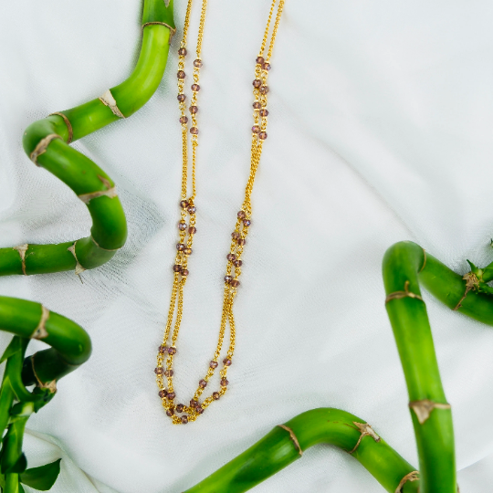 Two Strand Gold Pearl Necklace for Women , Multilayer Brass Red Pink Pearl Asian Jewellery, Thin Bohemian Stacking Dainty Chain Necklace