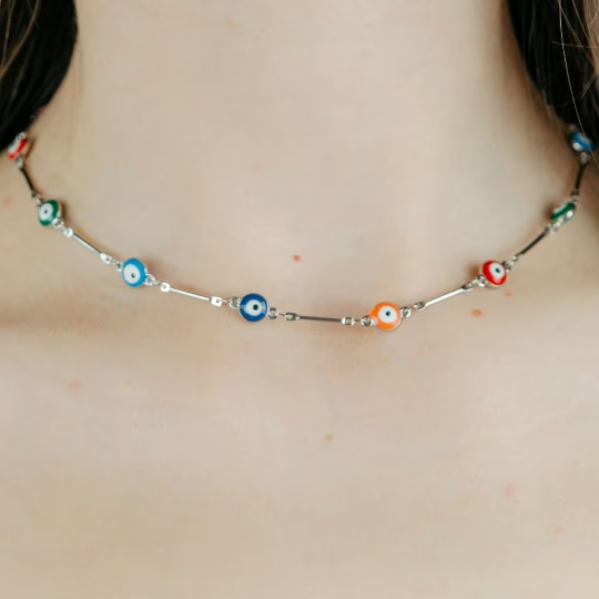 Multicolour Gold and Silver Evil Eye Charm Choker Protection Necklace (Close-up Detail) | The Colourful Aura