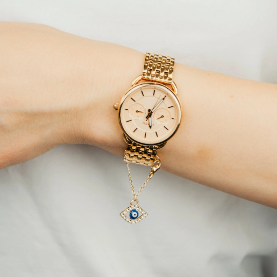 Gold Dainty Silver Evil Eye Zircon IWatch Strap Dangle Jewellery Charm (Close-up Detail) | The Colourful Aura
