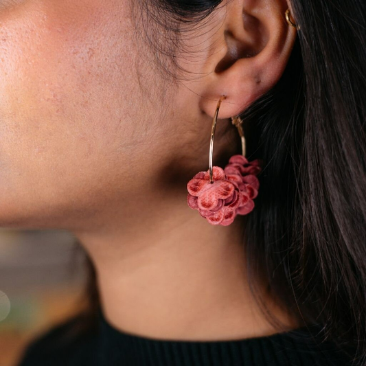 Golden 30mm Pink Petal Floral Fabric Large Round Dainty Huggie Hoop Earrings