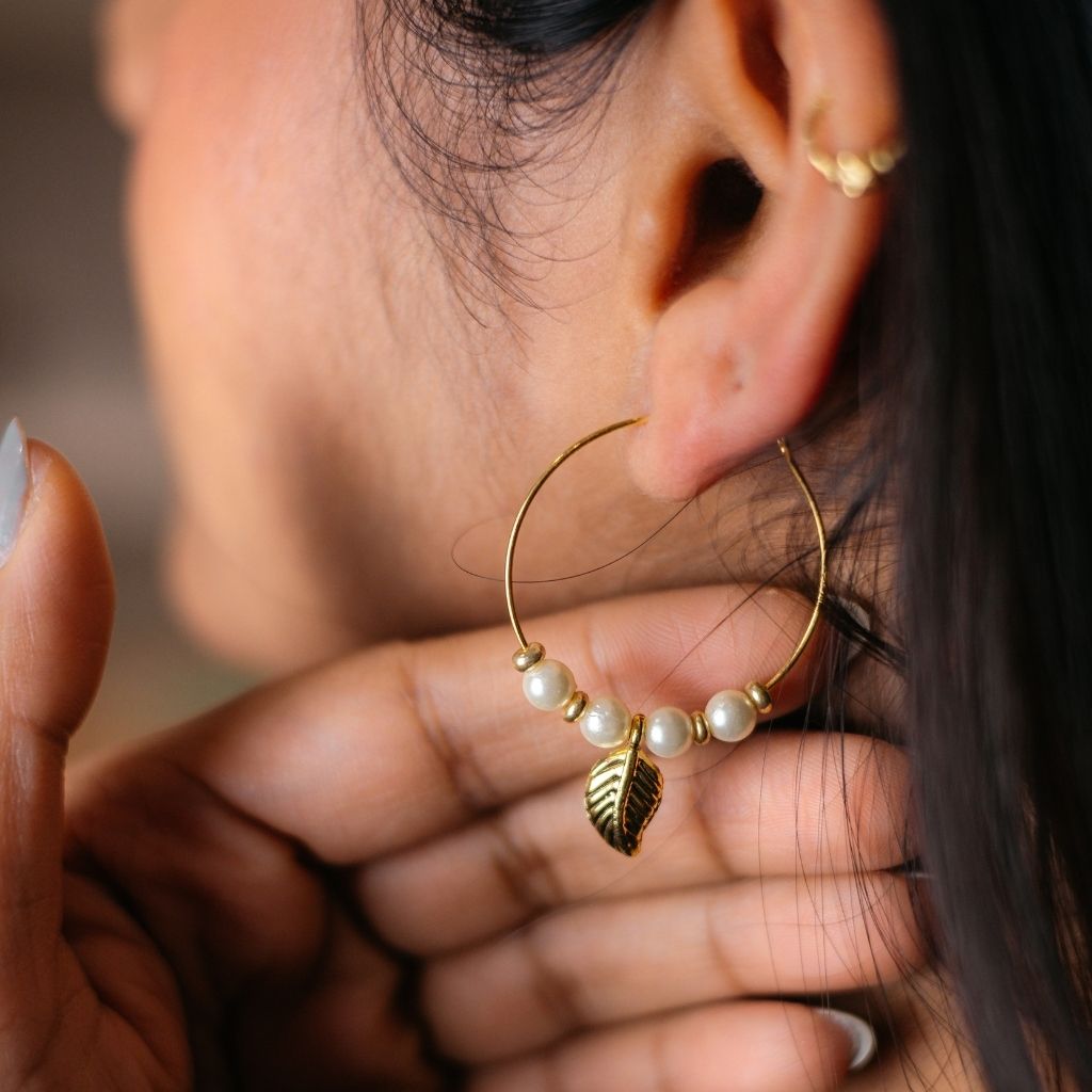 Gold Plated 30mm White Beaded Dangle Leaf Charm Huggie DaintyHoop Earring — Boho Jewellery UK | The Colourful Aura