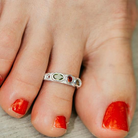 925 Silver Green Red Oval Stone Bohemian Foot Midi Toe Ring