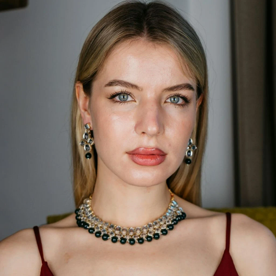 White Mirror Green Stone Asian Ethnic Kundan Indian Victorian Choker Necklace