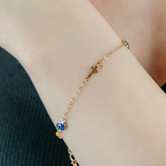 Gold and Silver Evil Eye Cross Christian Charm Protection Bracelet — Boho Jewellery UK | The Colourful Aura