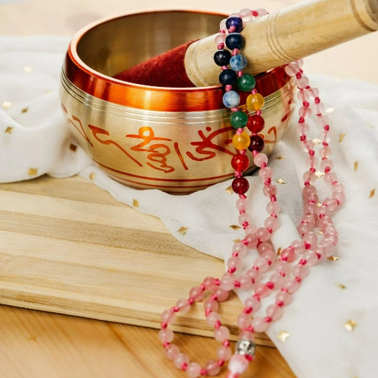 Rose Quartz 7 Chakra Pink Tassel Mala Necklace, Gem Stones 108 Bead Japa Mala, Mantra Prayer Yoga Bead Reiki Necklace, Rose Quartz