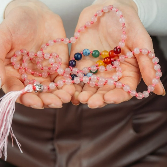 Rose Quartz 7 Chakra Pink Tassel Mala Necklace, Gem Stones 108 Bead Japa Mala, Mantra Prayer Yoga Bead Reiki Necklace, Rose Quartz