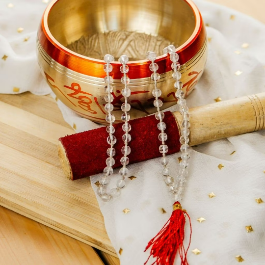 Crystal Quartz White Tassel Mala Necklace, Gem Stones 108 Bead Japa Mala, Mantra Prayer Yoga Bead Reiki Necklace, Tibetan Prayer Mala