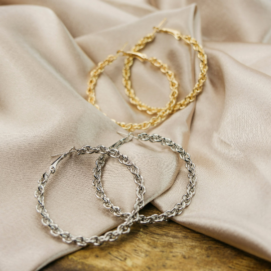 60MM Silver Spiral Round Braided Twist Geometric Dainty Statement Hoop Earrings