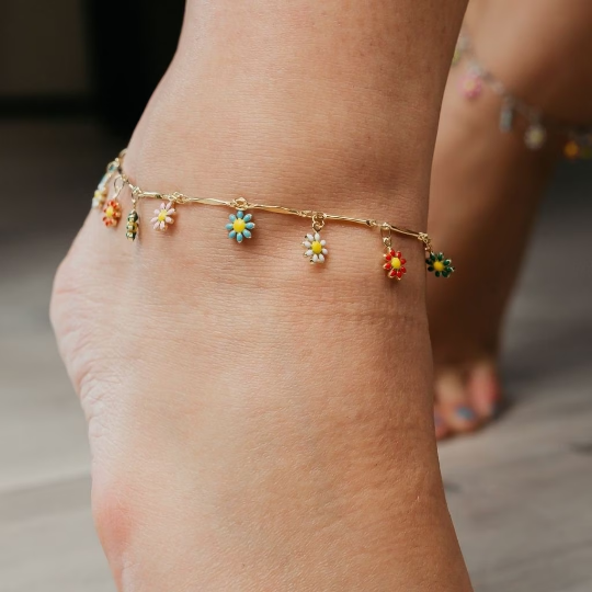 Gold Colourful Rainbow Sun Flower Dangle Charms Indie Boho Daisy Summer Anklet — Boho Jewellery UK | The Colourful Aura