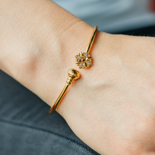 Brass Zircon Floral Flat Indian Lightweight Ethnic Stacking Wedding Cuff Bangle