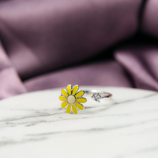 Yellow Rotating Sunflower Meditation Fidget Daisy Dainty Floral Ring