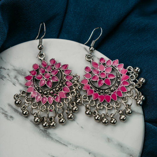 Pink Enamel Asian Indian Boho Drop Ghungroo Ethnic Bridal Dangle Earrings