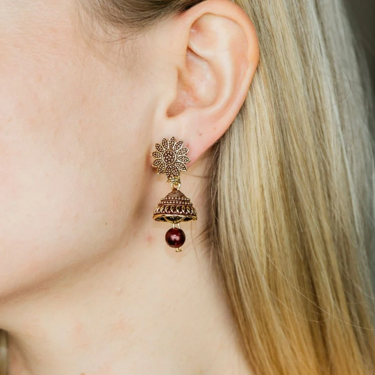 Small Pink Intricate Floral Colourful Asian Indian Ethnic Boho Bridal Jhumka