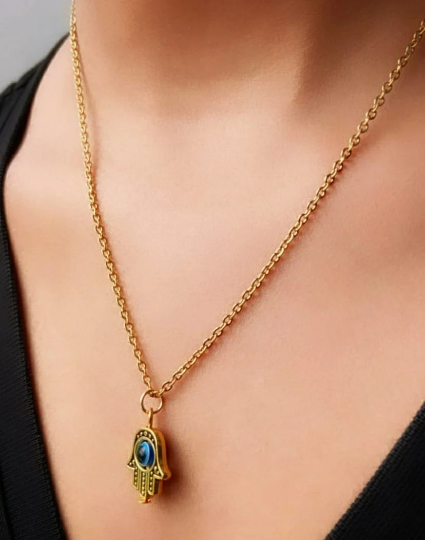 Gold Hamsa Evil Eye Fatima Hand Dangle Drop Pendant Necklace — Boho Jewellery UK | The Colourful Aura