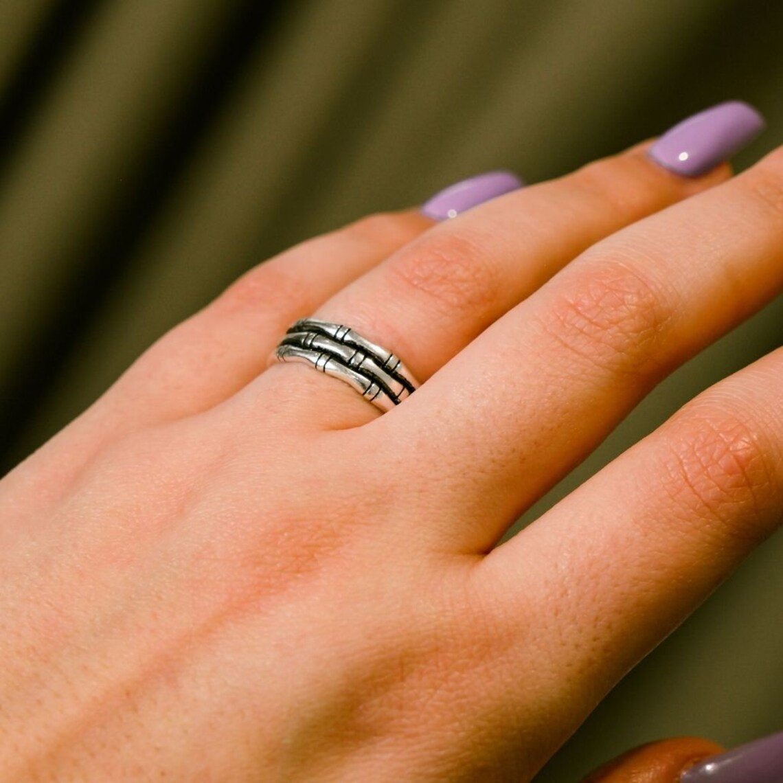 Silver Adjustable Thick Multilayer Bamboo Dainty Band Ring