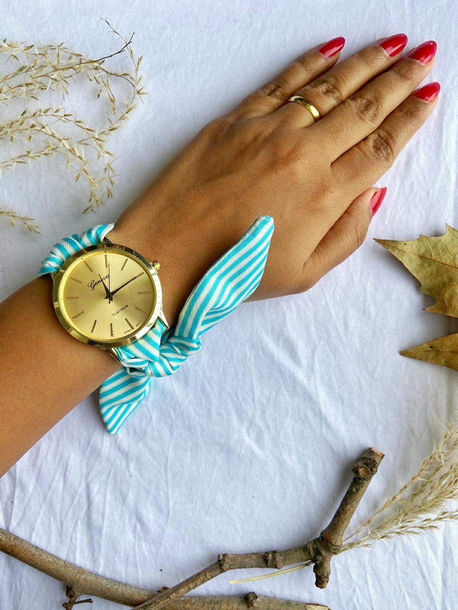 Blue Stripe Cloth Women Wristwatch