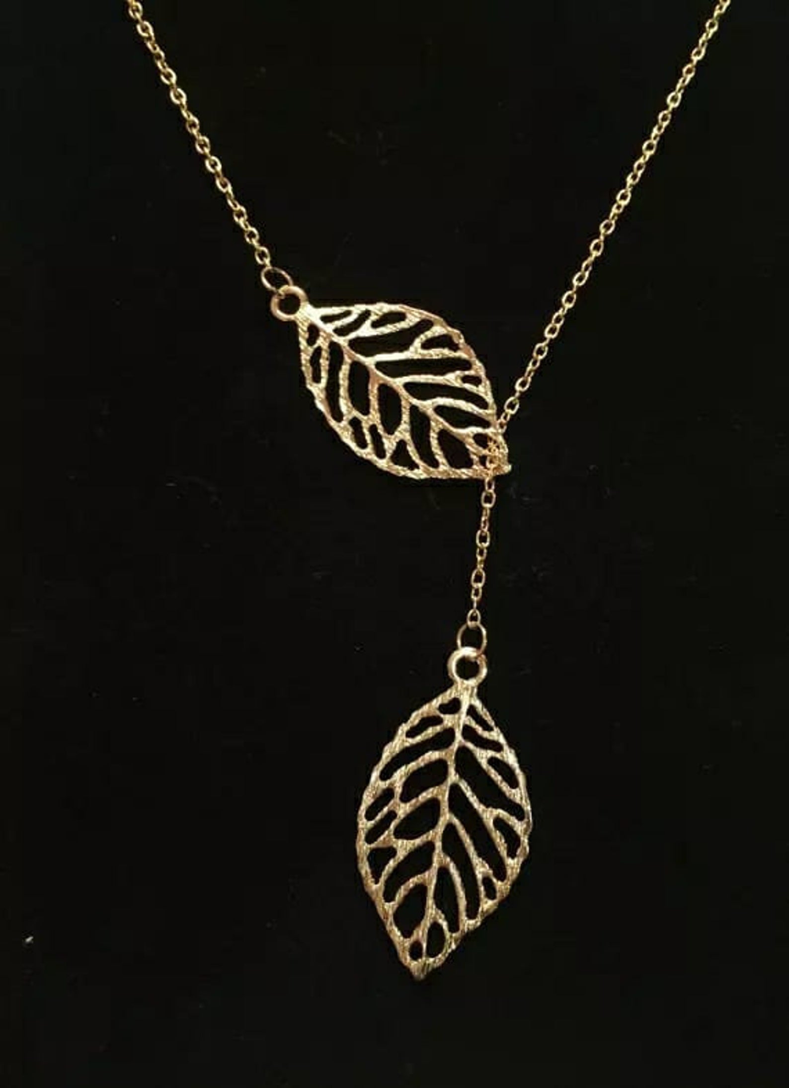 Gold Silver Two Filigree Leaf Y Shape Cross Drop Adjustable Lariat Necklace