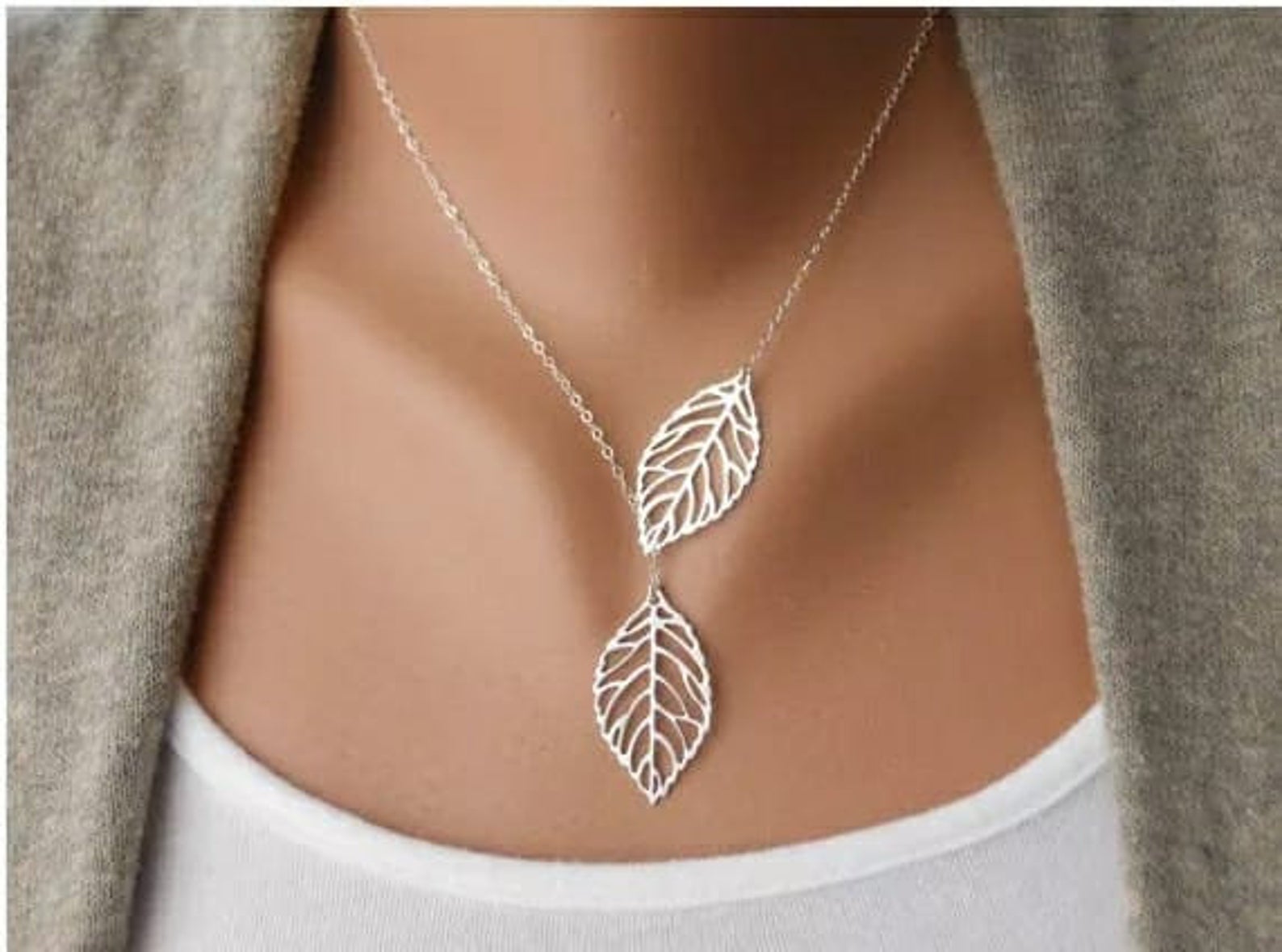 Gold Silver Twin Filigree Leaf Y shape Lariat Adjustable Necklace