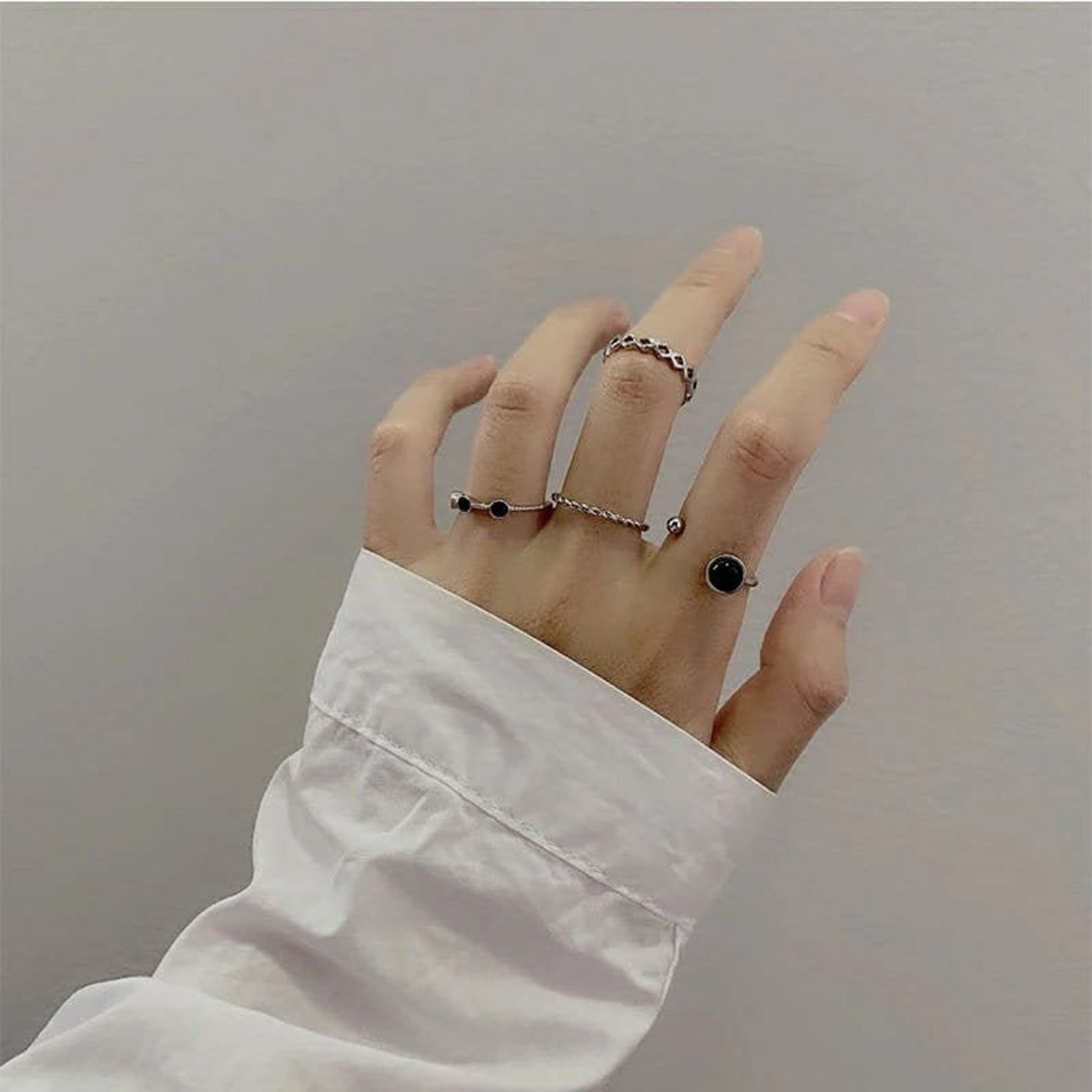 4 Piece Silver Black Stone  Stacking Dainty Open Knuckle Ring set