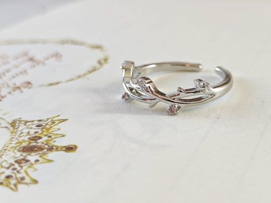 Silver Adjustable Delicate Dainty Zircon Leaf Ring