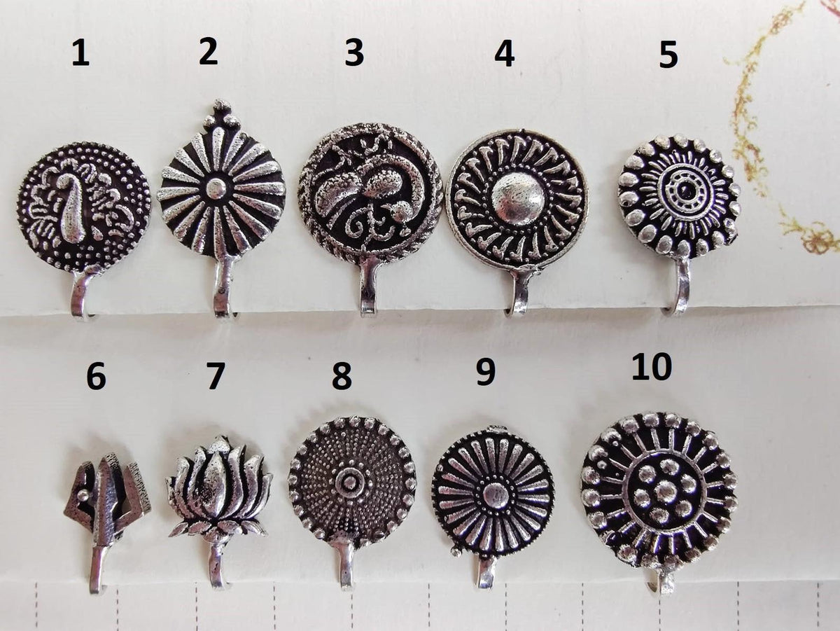 Design 9 Multiple Design Simple Round Clip On Non Pierced Antique Boho Nose Pin — Boho Jewellery UK | The Colourful Aura