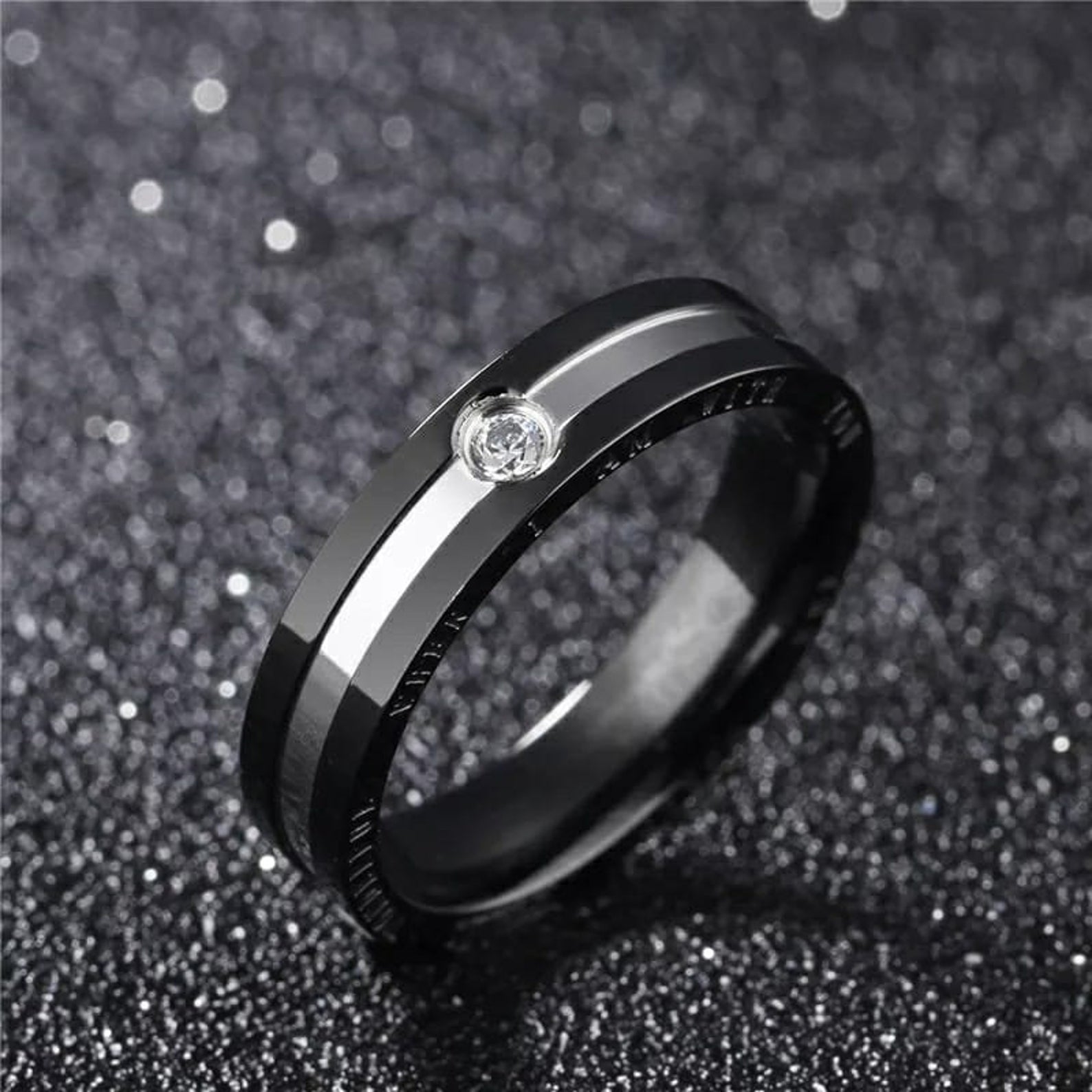 Stainless Steel Couple Black Rose Gold Wedding Band Promise Ring Set