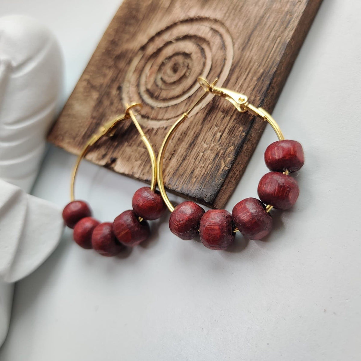 Red Sandalwood Beaded Huggie Dainty Hindu Asian Bali Boho Hoop Earring (Close-up Detail) | The Colourful Aura