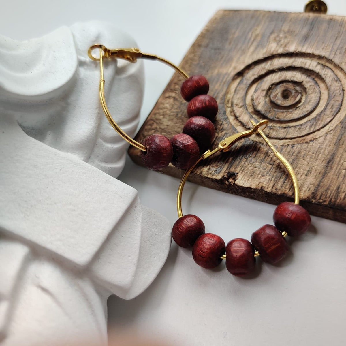 Red Sandalwood Beaded Huggie Dainty Hindu Asian Bali Boho Hoop Earring (Close-up Detail) | The Colourful Aura