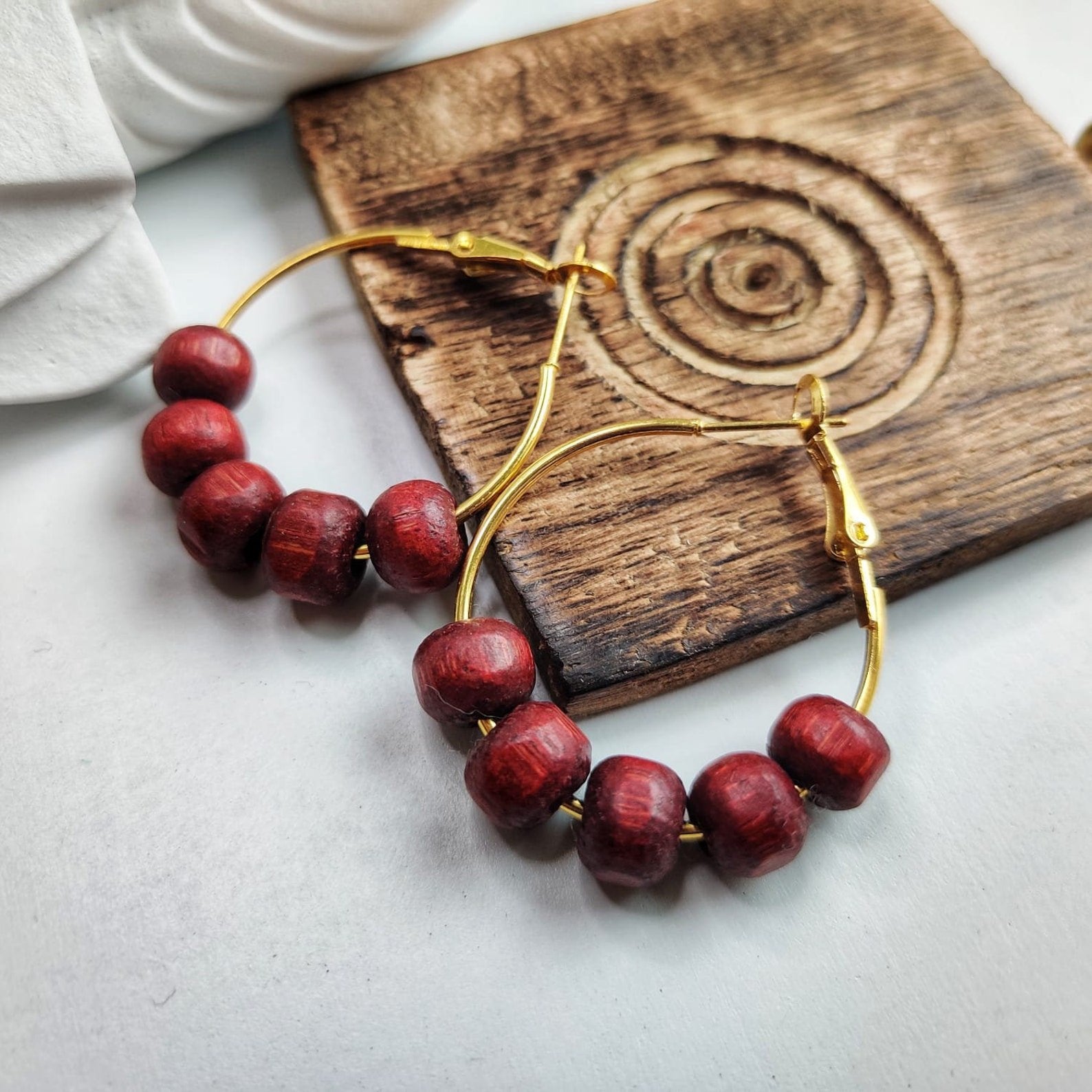 Red Sandalwood Beaded Huggie Dainty Hindu Asian Bali Boho Hoop Earring