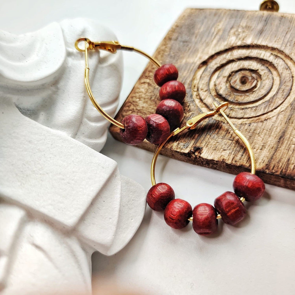 Red Sandalwood Beaded Huggie Dainty Hindu Asian Bali Boho Hoop Earring (Close-up Detail) | The Colourful Aura