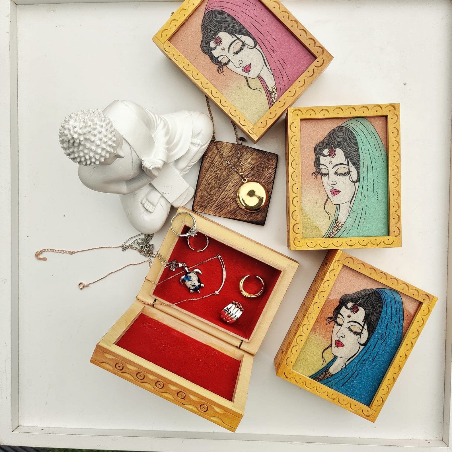 Handmade Wooden Lady Portrait Vintage Wood Carving Indian Trinket Jewellery Box