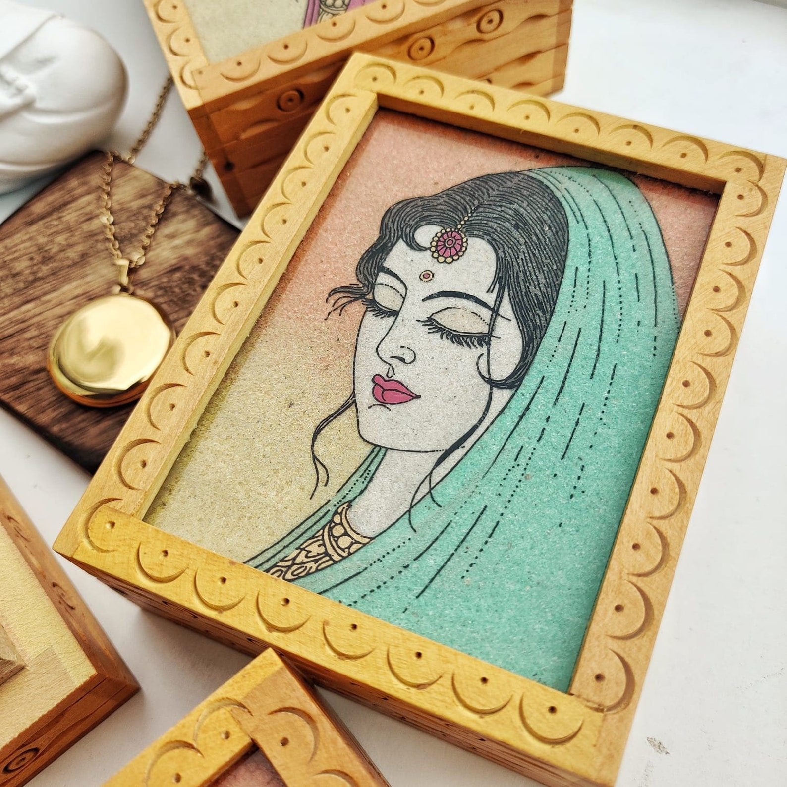 Handmade Wooden Lady Portrait Vintage Wood Carving Indian Trinket Jewellery Box