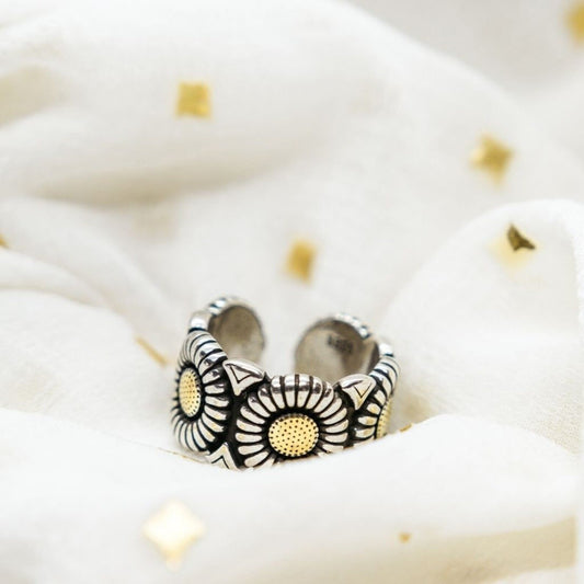 Silver Plated Vintage Sun Flower Daisy Wide Cuff Band Ring