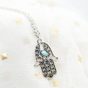 Hamsa Hand Gold and Silver Hand of Fatima Dainty Pendant Necklace (Close-up Detail) | The Colourful Aura